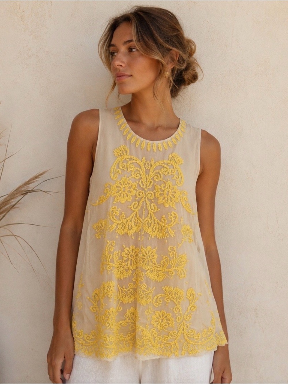 Sundance Cream Tank Top with Yellow Floral Embroidery